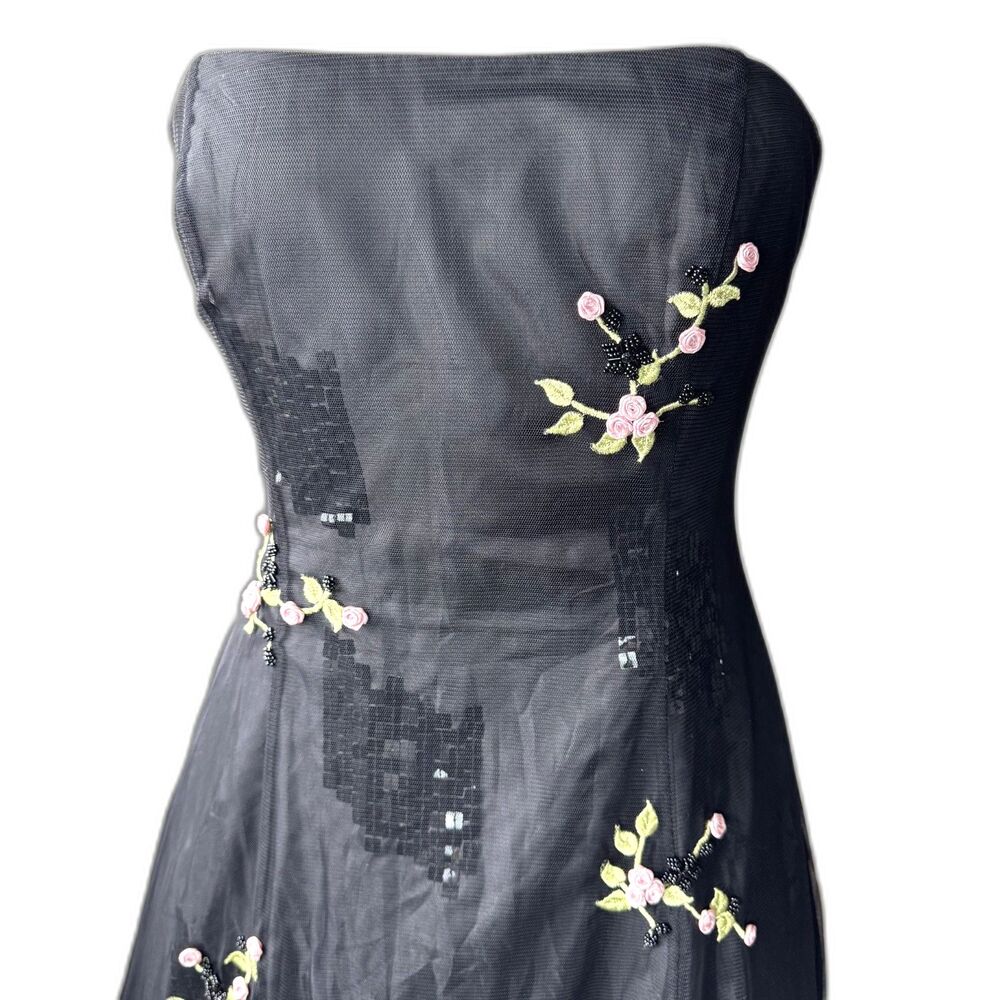 Y2K vintage Morgan and Co strapless a-line dress black mesh embroidery 10325